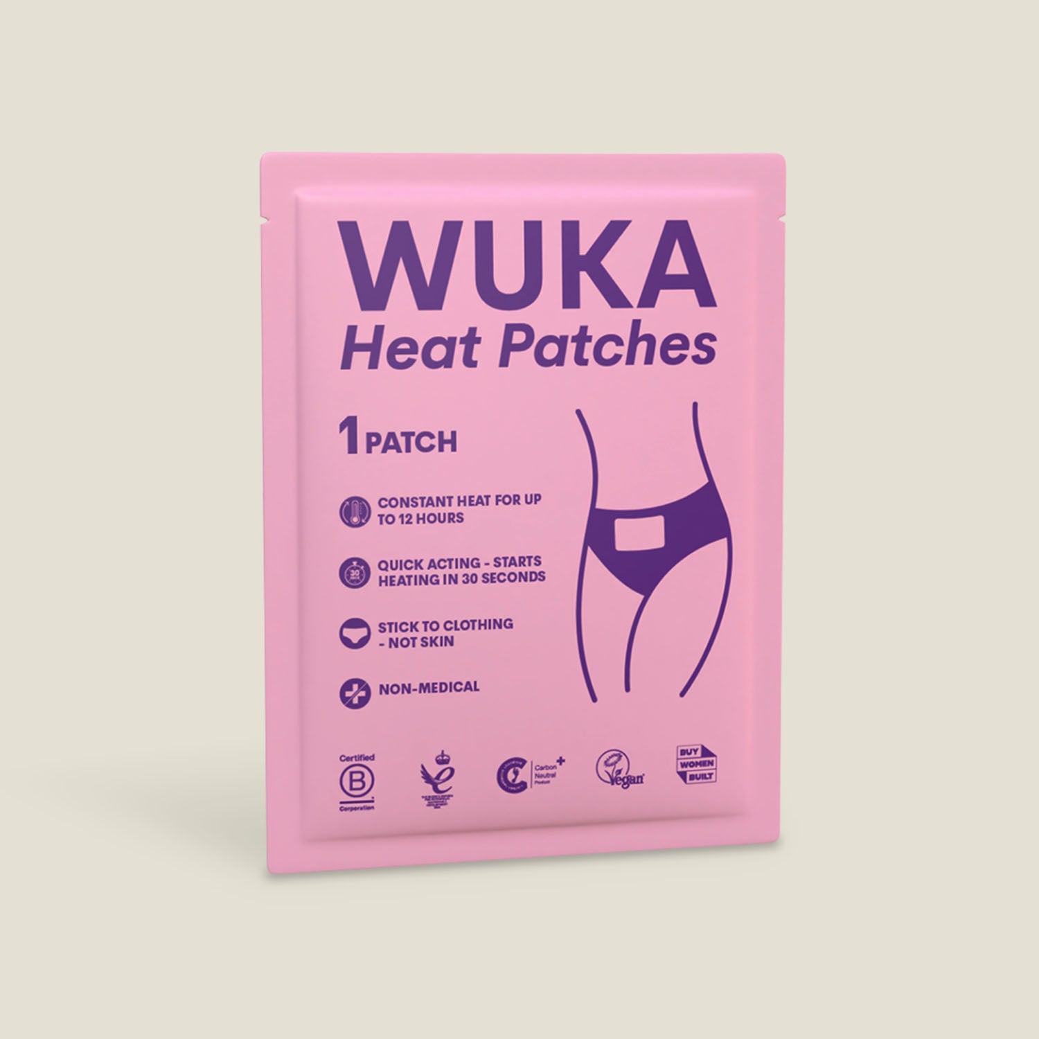 Close-up of a single WUKA Heat Patch pouch with key usage instructions and icons displayed.