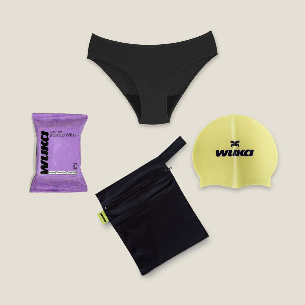 WUKA teen period swimwear bikini brief starter kit with leak-proof swim bikini bottoms, reusable period care essentials and waterproof travel pouch