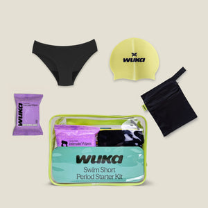 Teen bikini brief period swim starter kit with leak-proof swimwear, waterproof bag, swim cap and intimate wipes by WUKA
