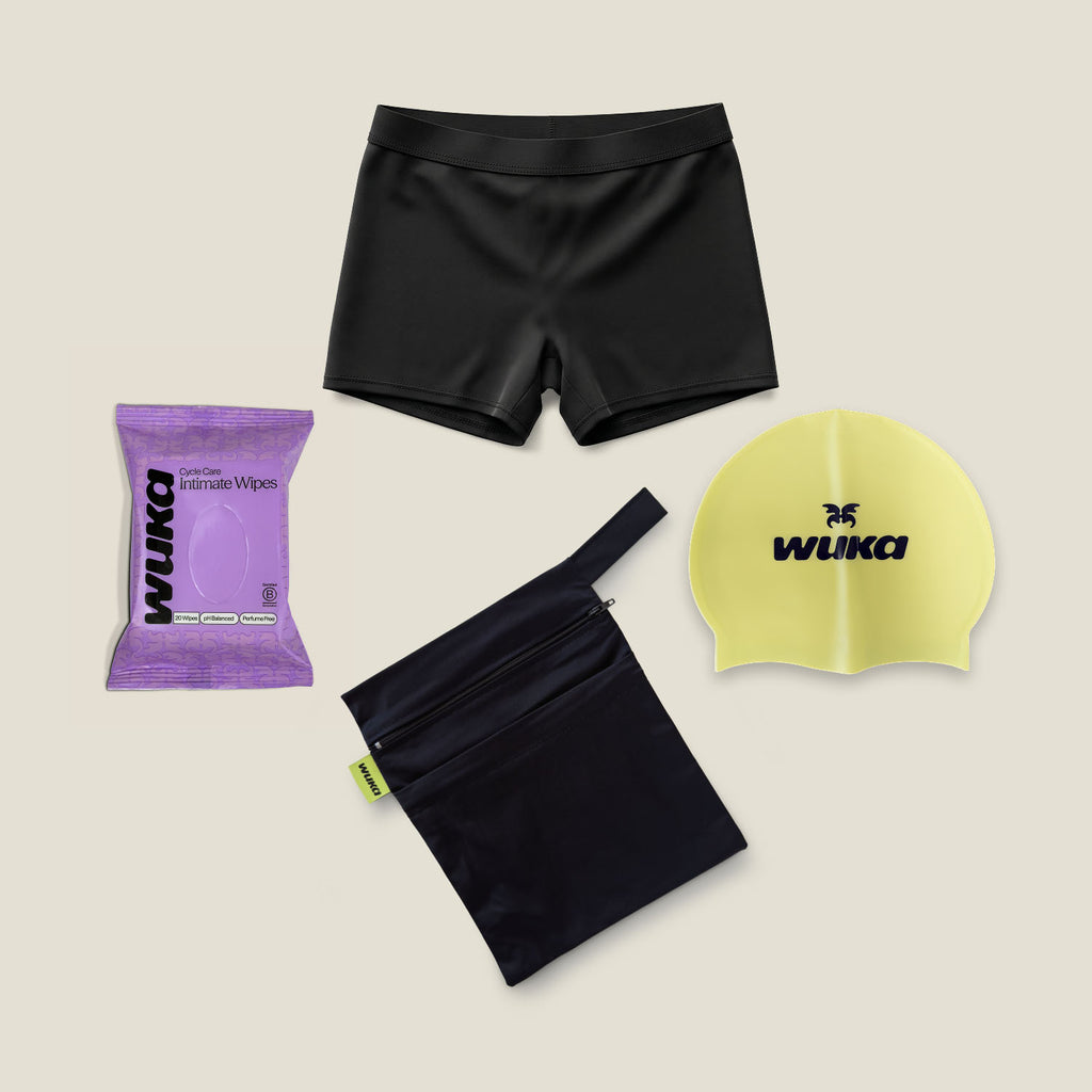 WUKA period swimwear shorts starter kit with leak-proof swim shorts, reusable period care essentials and waterproof travel pouch