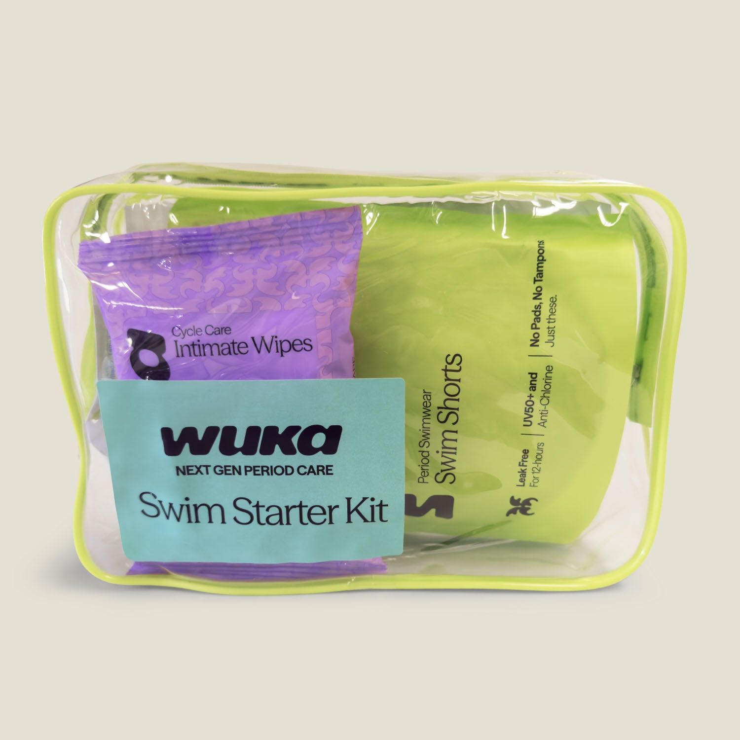 WUKA period swimwear shorts starter kit with leak-proof swim shorts, reusable period care essentials and waterproof travel pouch