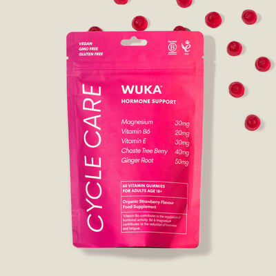 WUKA Hormone Support Gummies pack with vegan strawberry-flavoured vitamins for PMS and menstrual wellbeing.