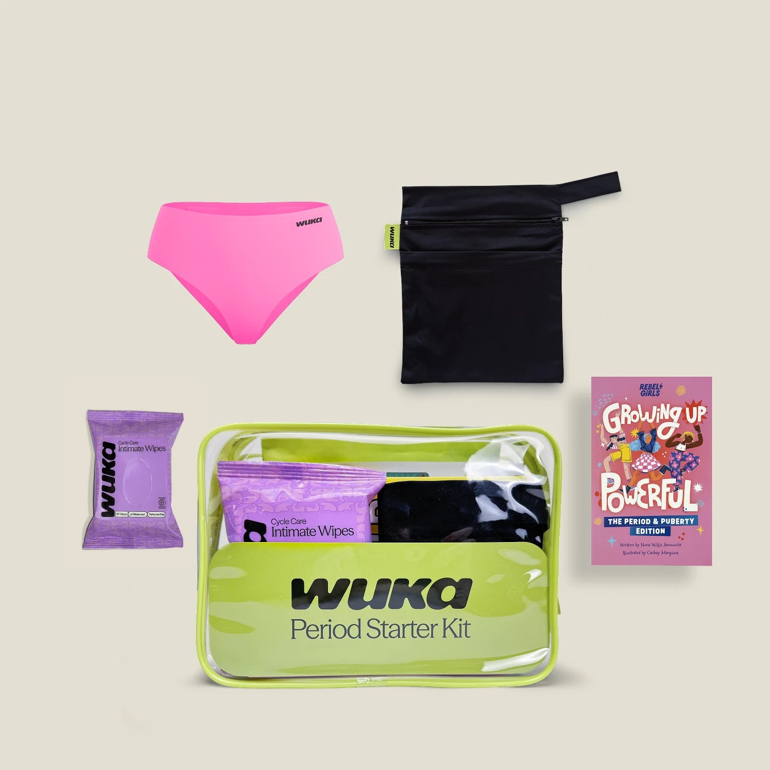 Teen period starter kit with period underwear, waterproof wet bag, wipes and puberty guide book