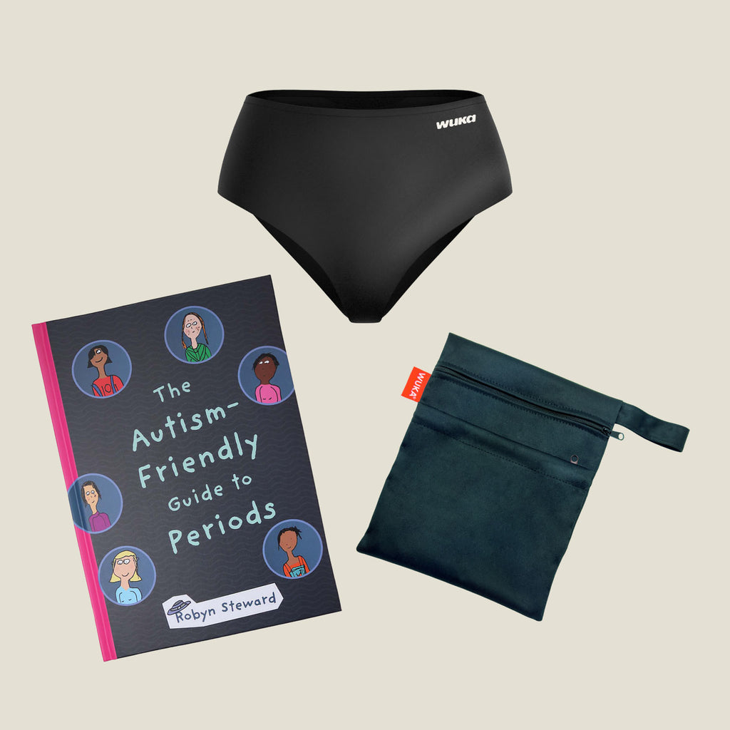 Teen First Period Pack for neurodiverse girls, including WUKA Stretch heavy flow period underwear, reusable wet bag, and The Autism-Friendly Guide to Periods book.
