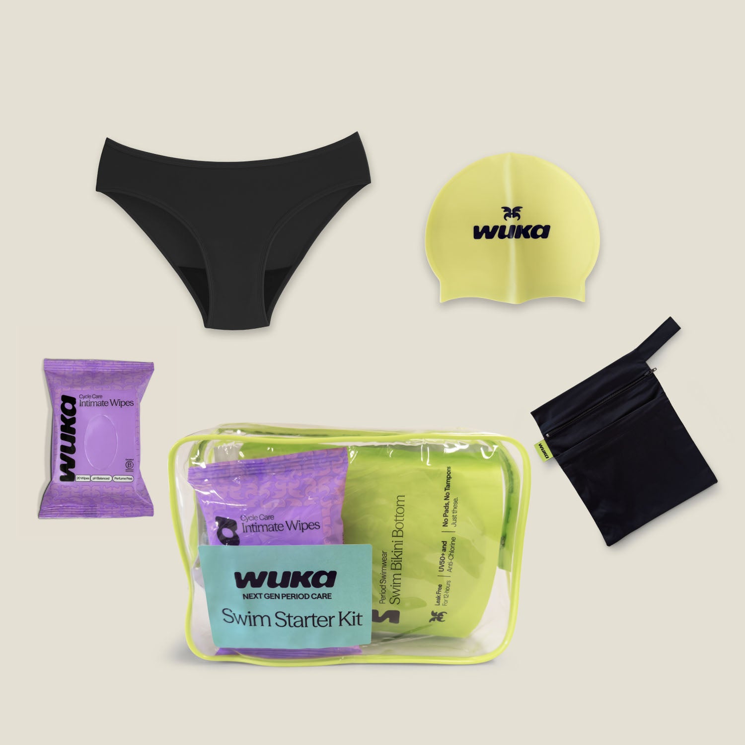 WUKA teen period swimwear starter kit contents including leak-proof bikini brief, swim cap, changing bag and intimate wipes for periods