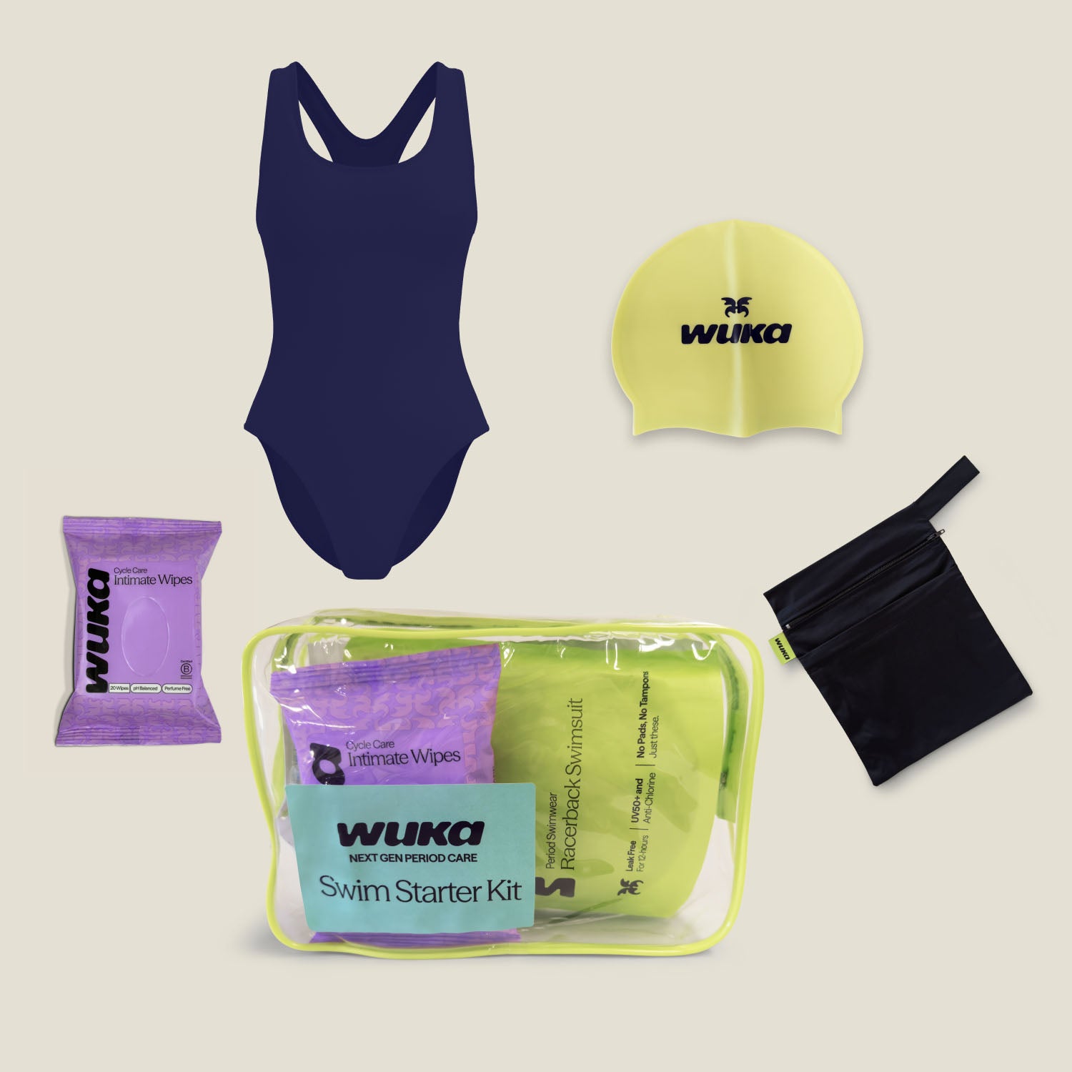 Teen navy swim starter kit contents including period swimsuit, swim cap, mesh wet bag and intimate wipes