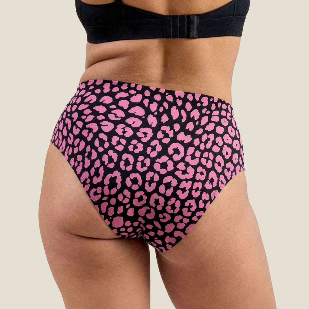 Back view of WUKA Stretch™ midi briefs in pink leopard print – high waist period underwear offering full coverage and comfort