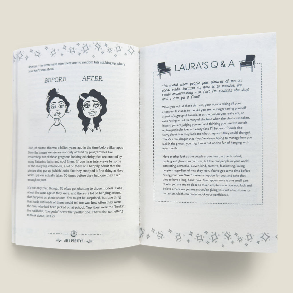 An internal spread from a teen puberty guide discussing the impact of social media filters on self-confidence, featuring "Before" and "After" illustrations and a Q&A section titled "Am I Pretty?"