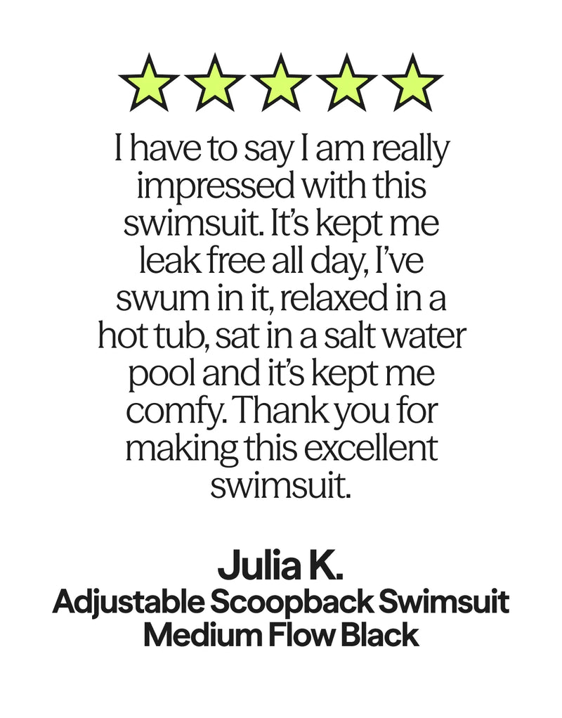 Five-star review of an adjustable scoopback period swimsuit with a white background