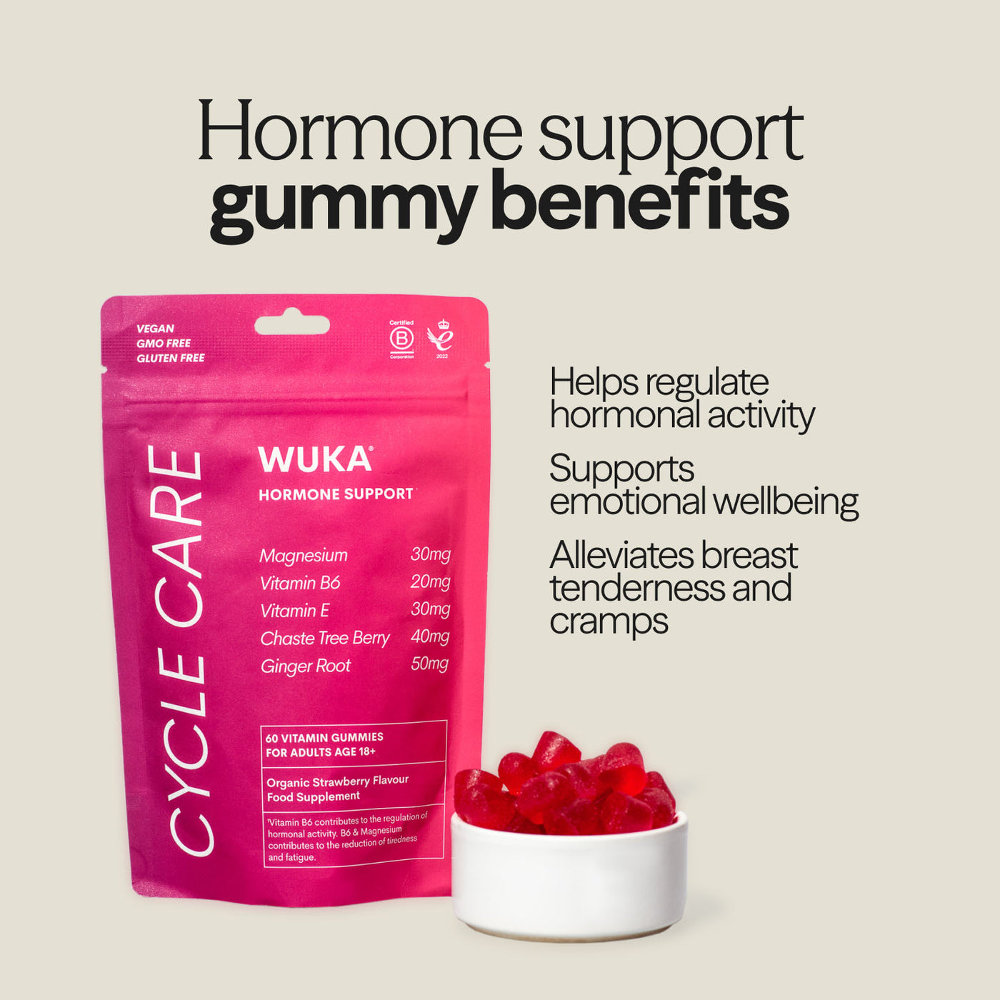 Hormone support gummy benefits include regulated hormonal activity, reduced cramps, and emotional balance.