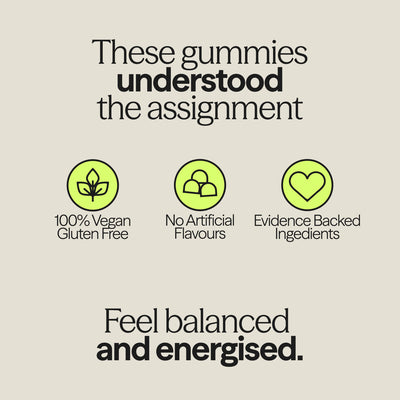Vegan hormone support gummies with no artificial flavours, gluten-free, and evidence-backed ingredients.