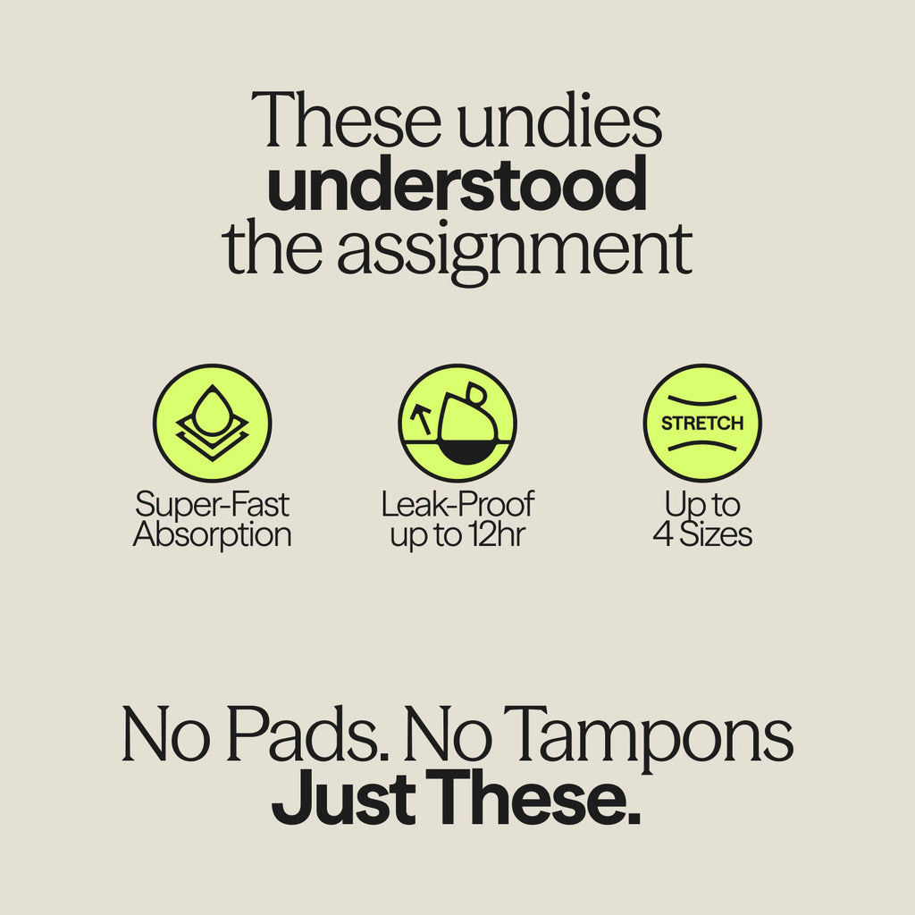Infographic highlighting WUKA Stretch™ Postpartum Period Pants features: 12-hour leak-proof wear, fast absorption, and stretch fit for up to 4 sizes.