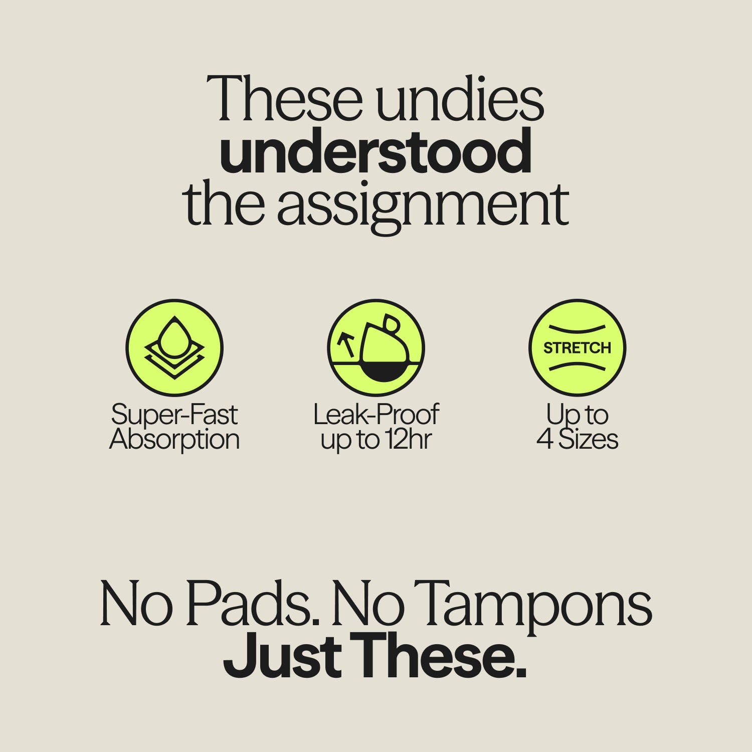 Infographic highlighting WUKA Stretch™ Postpartum Period Pants features: 12-hour leak-proof wear, fast absorption, and stretch fit for up to 4 sizes.
