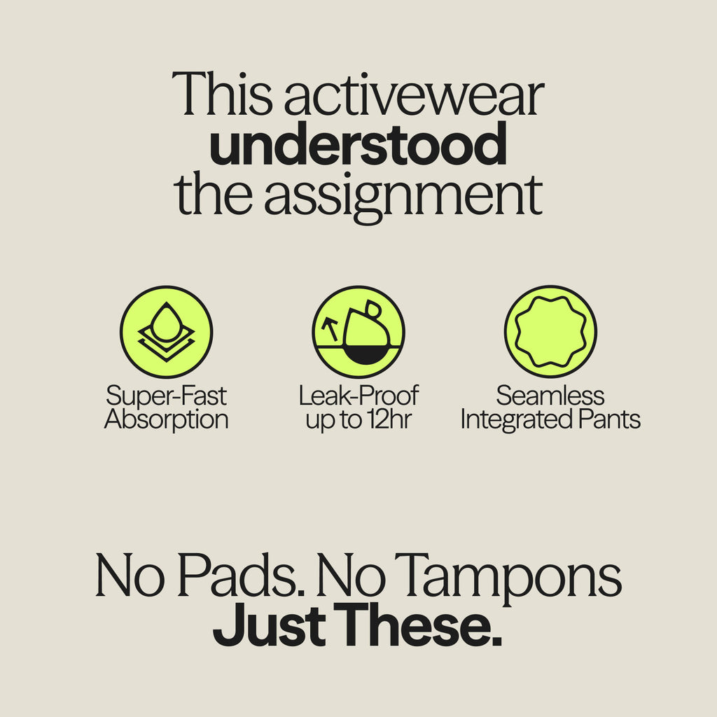Infographic for WUKA Period Sports Shorts: Super-Fast Absorption, Leak-Proof for up to 12 hours, and Seamless Integrated Pants – No Pads, No Tampons, Just These.
