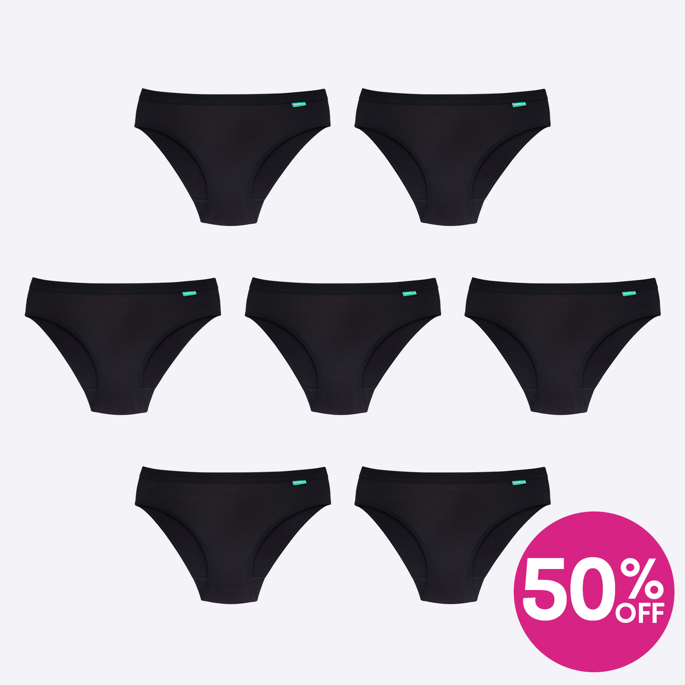 WUKA Everyday Period Pants Bikini Brief Style Black Colour Full Front 7 Pack Cut Outs