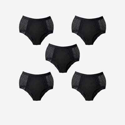 WUKA Ultimate Mesh Lace High Waist Style Heavy Flow Black Colour 5 Pack Cut-Out