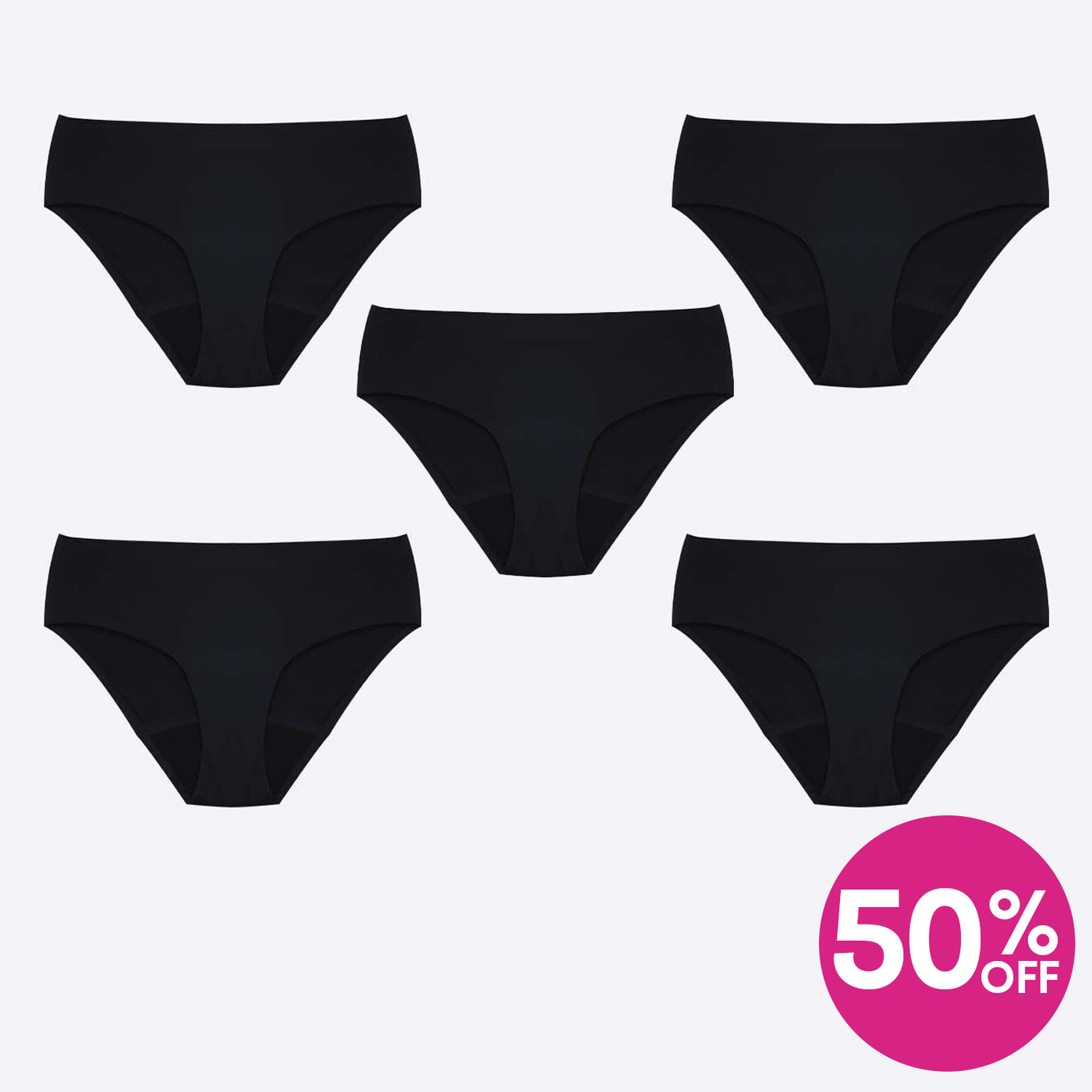 WUKA Perform Seamless Midi Brief Period Pants Style Light Flow Black Colour 5 Pack