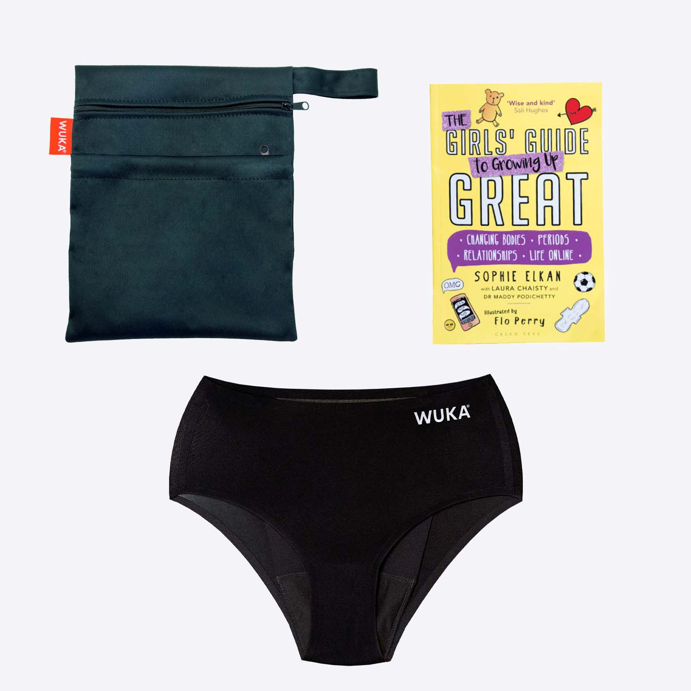 WUKA First Period Pack - Stretch Style - Super Heavy Absorbency - Black Colour - Girls Guide to Growing Up Great