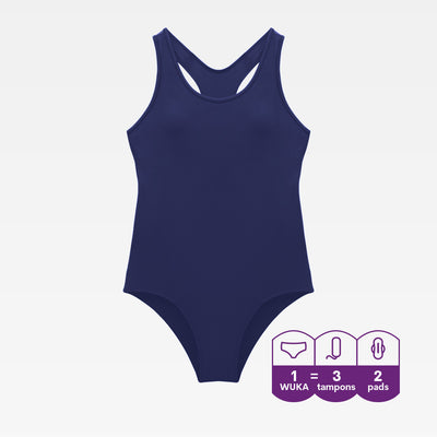 WUKA Teen Period Racerback Swimsuit Style Light to Medium Absorbency Navy Blue Colour 3D Render Front