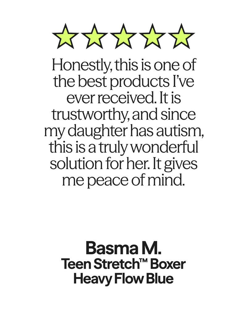 Five-star review for the Teen Stretch Boxer Period Pants Heavy Flow product with text and stars on a white background