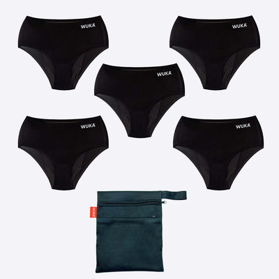 WUKA Teen Stretch Super Period Pants Bikini Brief Style Super Heavy Flow Black 5 Pack