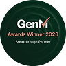 GenM Awards Winner 2023 badge with a green check mark on a white background