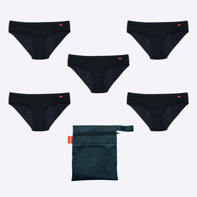 WUKA Teen Hipster Period Pants Bikini Brief Style Medium Flow Black 5 Pack