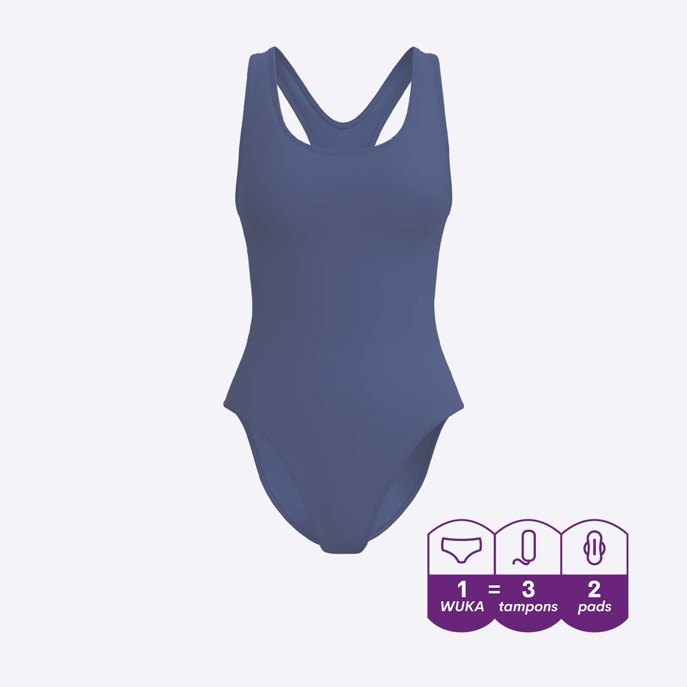WUKA Period Racerback Swimsuit Style Light to Medium Absorbency Light Blue Colour Front 3D Render